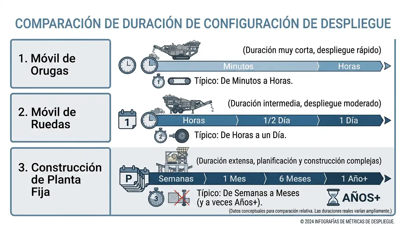 Infografía de línea de tiempo que compara el tiempo de instalación de trituradoras móviles sobre orugas, sobre ruedas y de plantas estacionarias