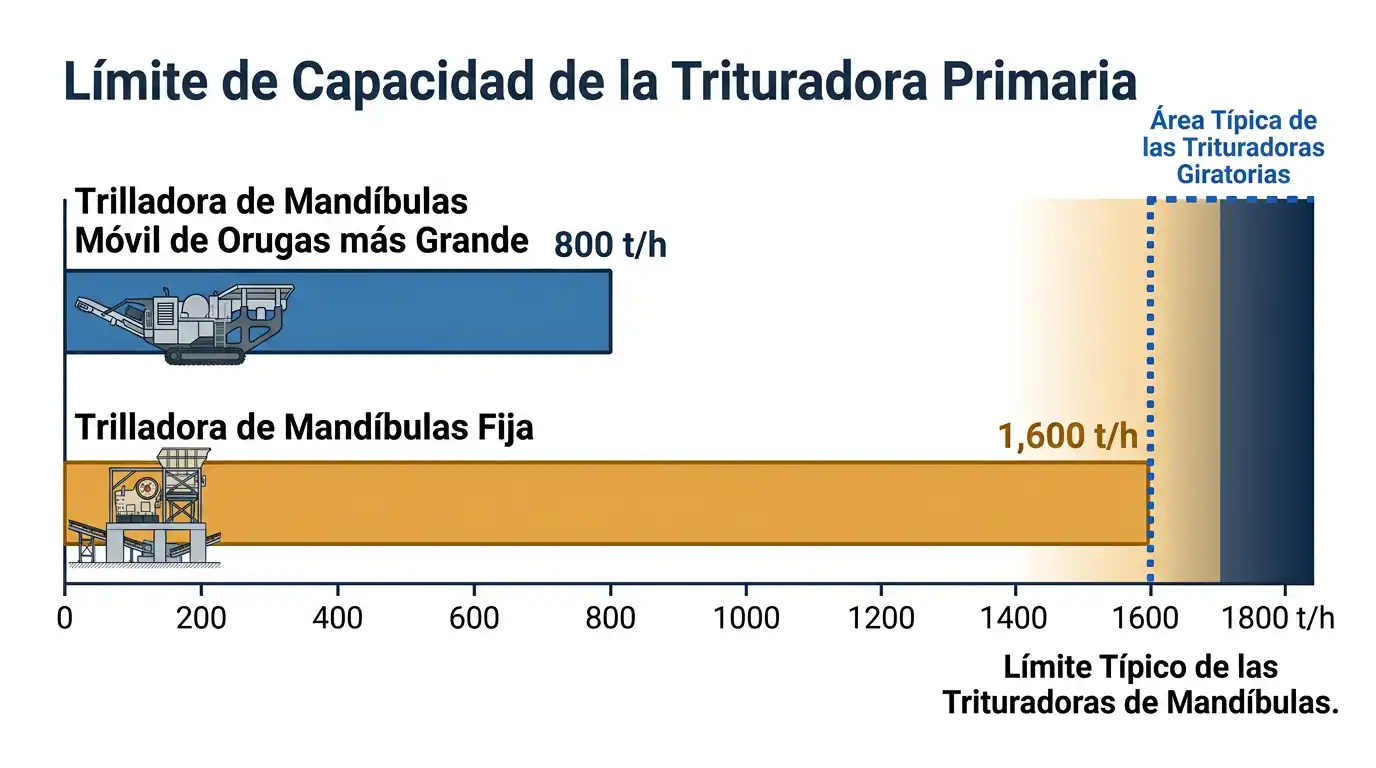 Gráfico de barras que muestra el límite de producción de las trituradoras móviles sobre orugas frente a las trituradoras de mandíbulas estacionarias